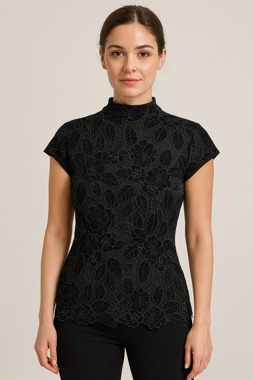 Black Floral Velvet Lace Mock-Neck Top – Kalulus
