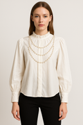 Pearl-Embellished Ruffle Neck Blouse with Pleated Cuffs