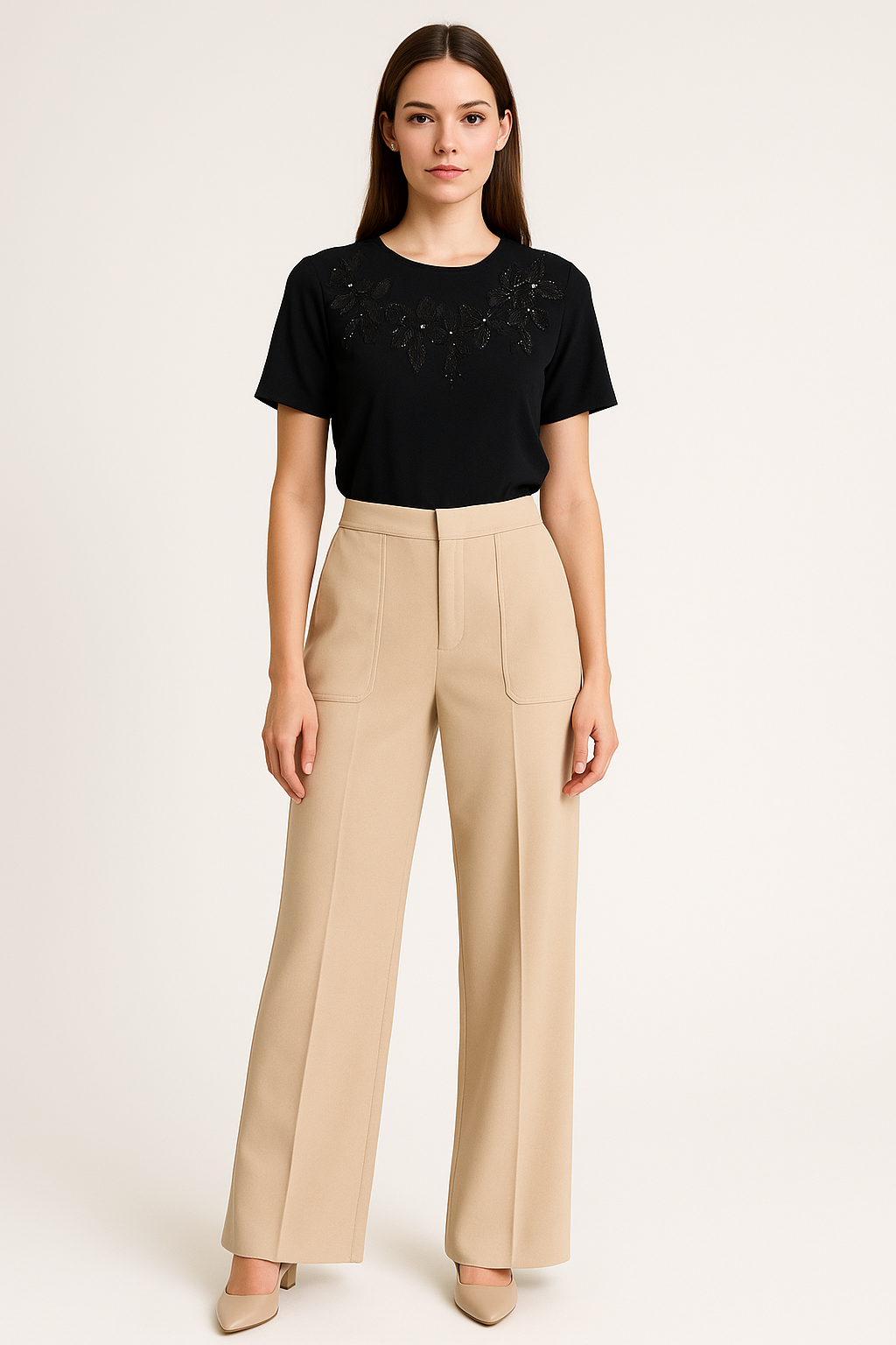 High-Waist Wide-Leg Tailored Pants – Sand Beige