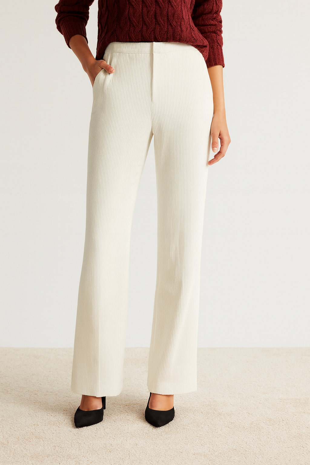Cream Ribbed High-Rise Straight-Leg Pants