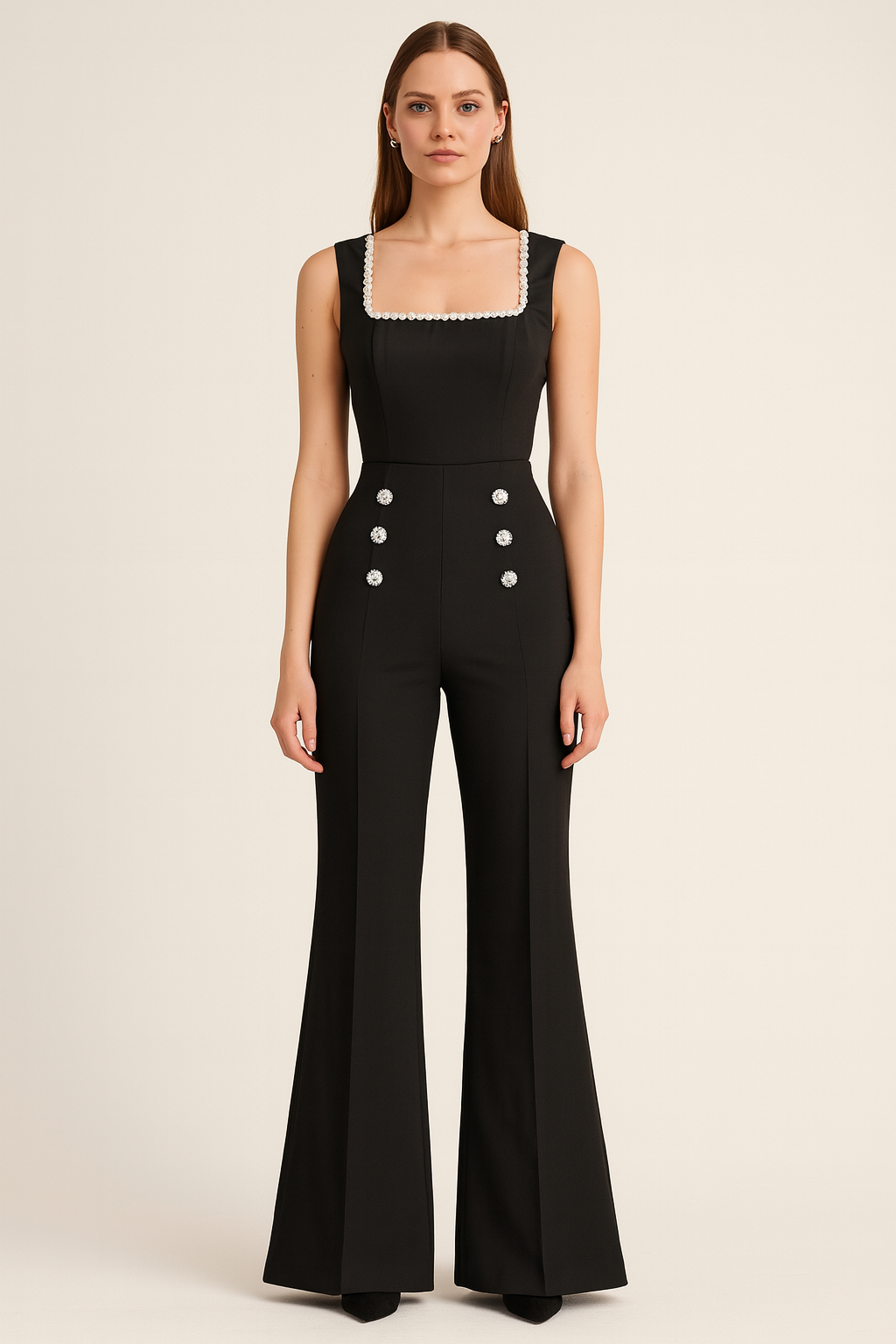 Elegant High-Rise Flared Pants with Jewel Detail