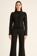 Black Checkered Tweed Ruffle-Trim Jacket