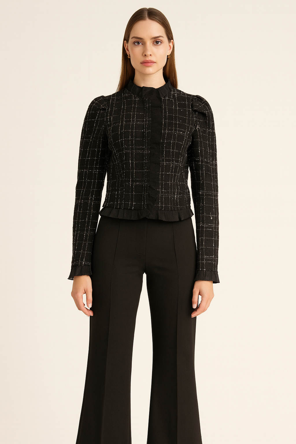 Black Checkered Tweed Ruffle-Trim Jacket