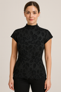 Black Floral Velvet Lace Mock-Neck Top