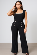 Black Pearl-Trim Two-Piece Set – Square Neck Top &amp; High-Waist Wide-Leg Pants