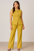 Mustard Gold Tailored Two-Piece Set – Sleeveless Blazer &amp; High-Waisted Pants