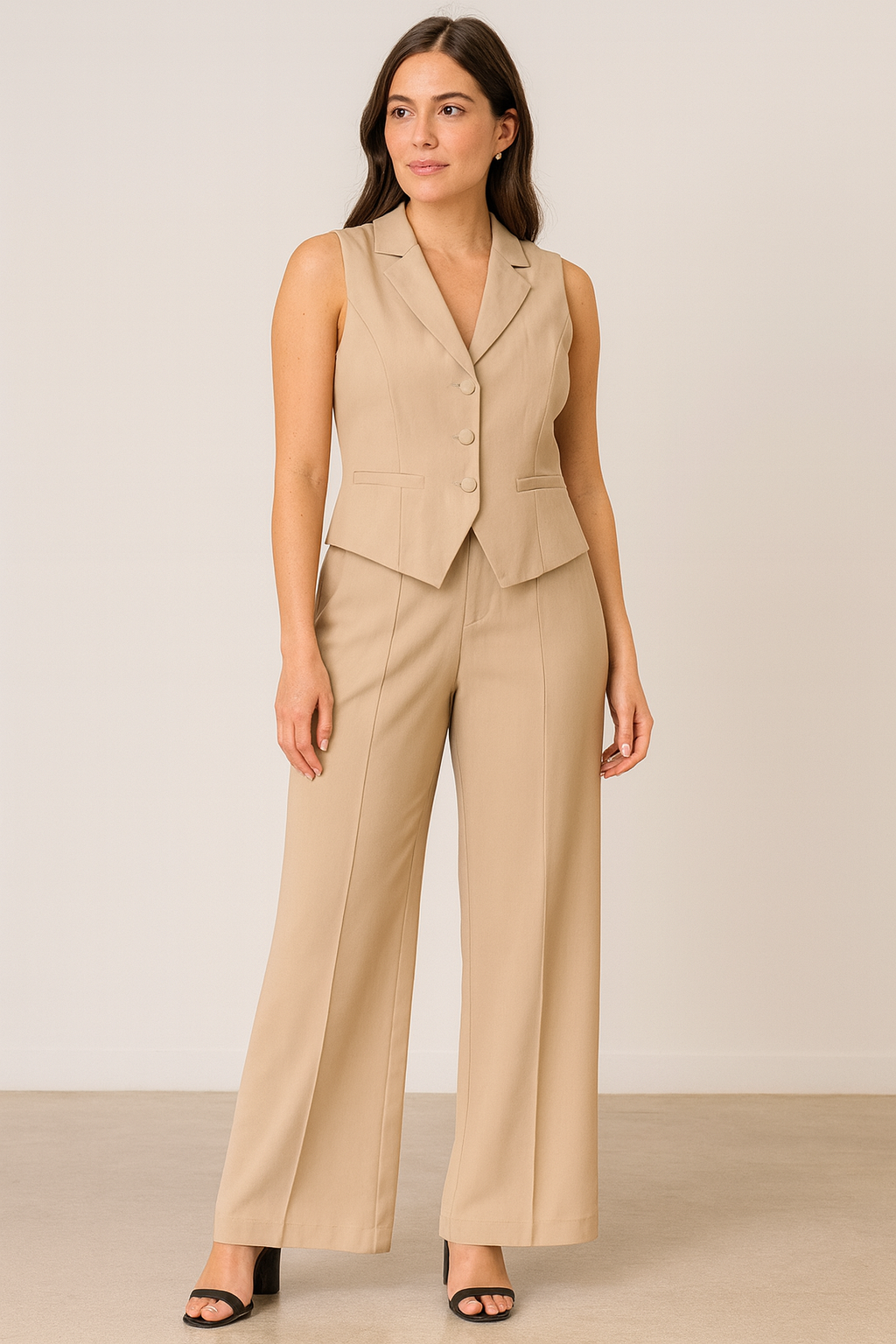 Beige Tailored Vest &amp; Wide-Leg Pant Set