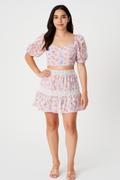 Pink Floral Lace Trim Two-Piece Set – Puff Sleeve Crop Top &amp; Ruffle Skirt