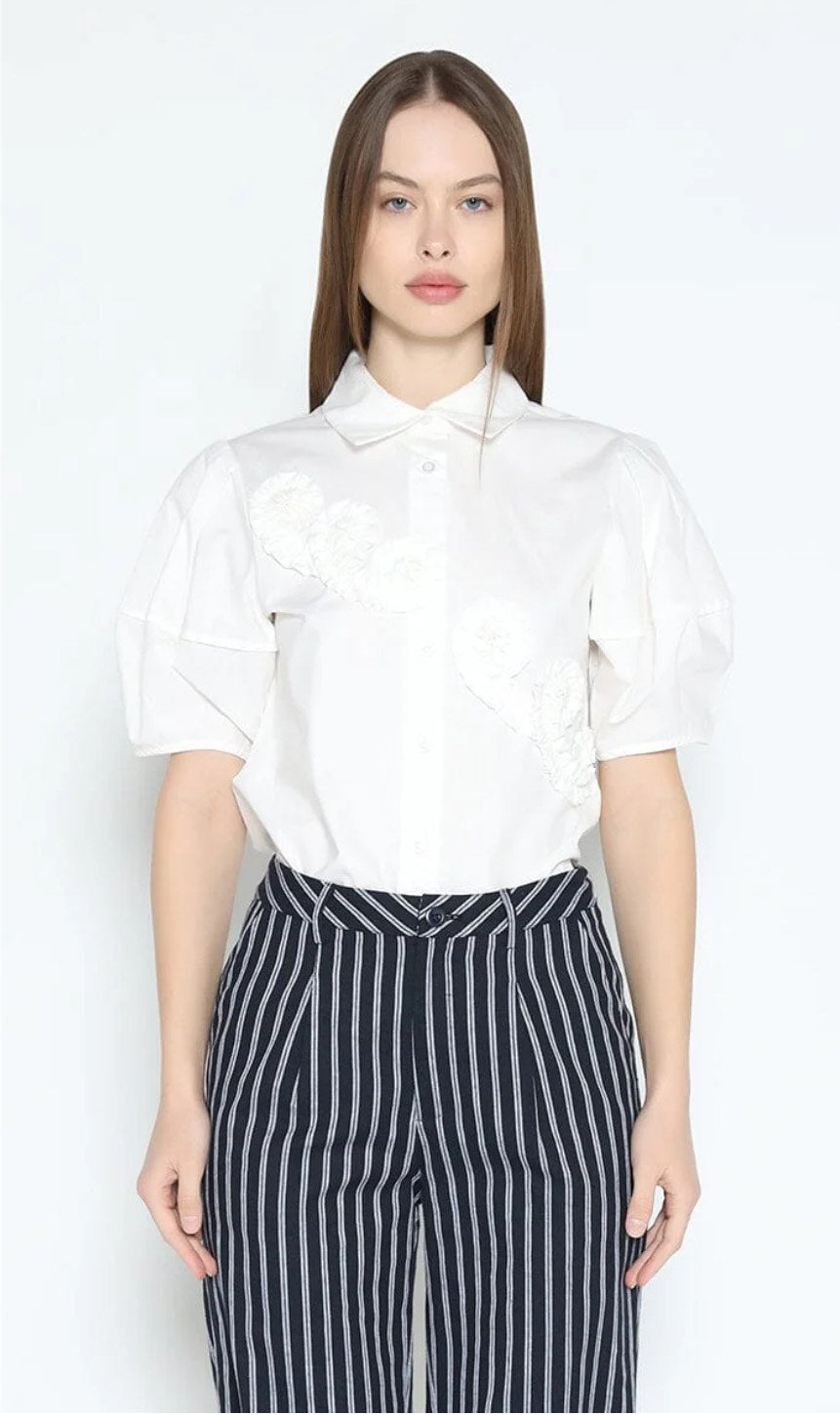 White Puff-Sleeve Blouse with Floral Appliqué Details