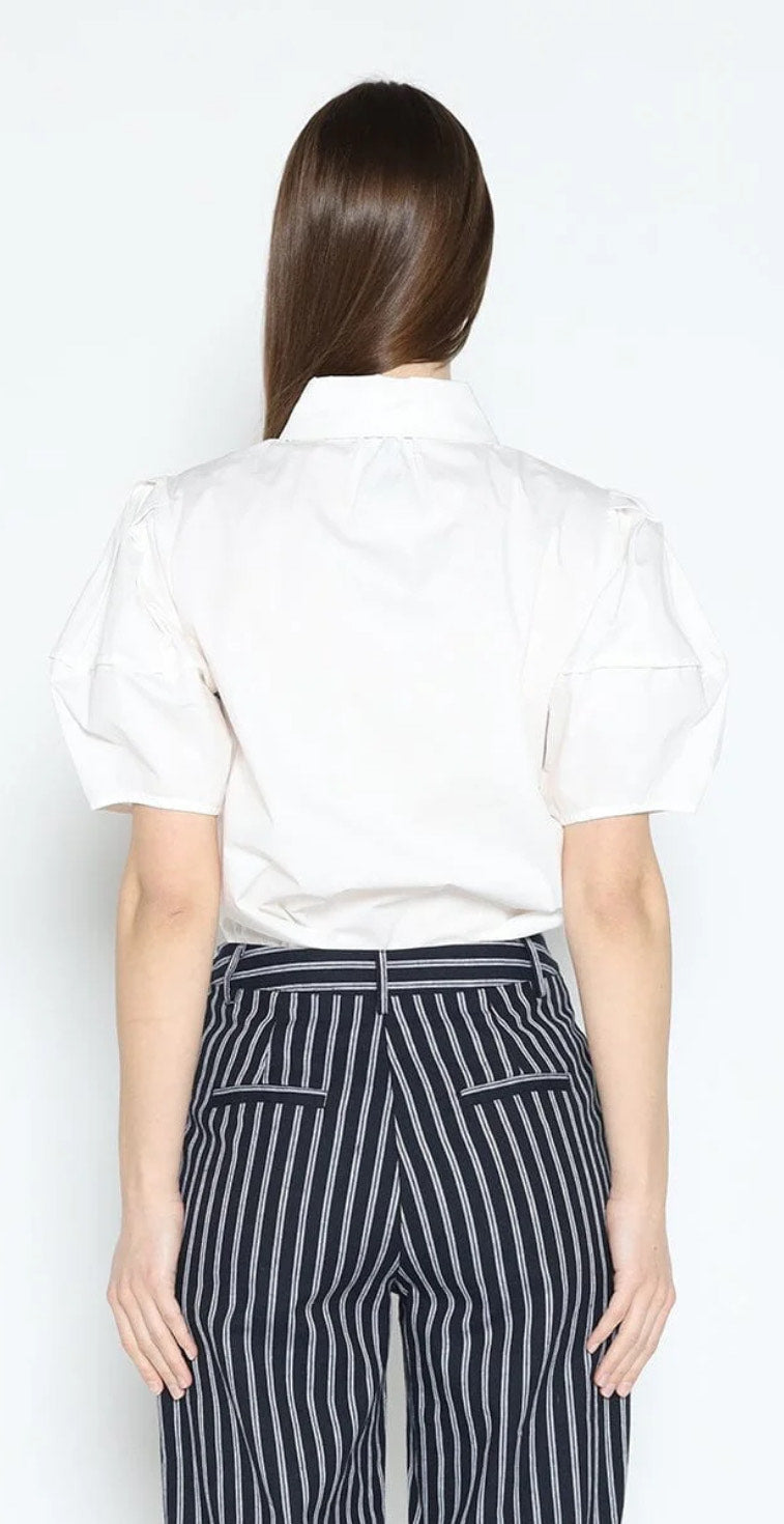 White Puff-Sleeve Blouse with Floral Appliqué Details