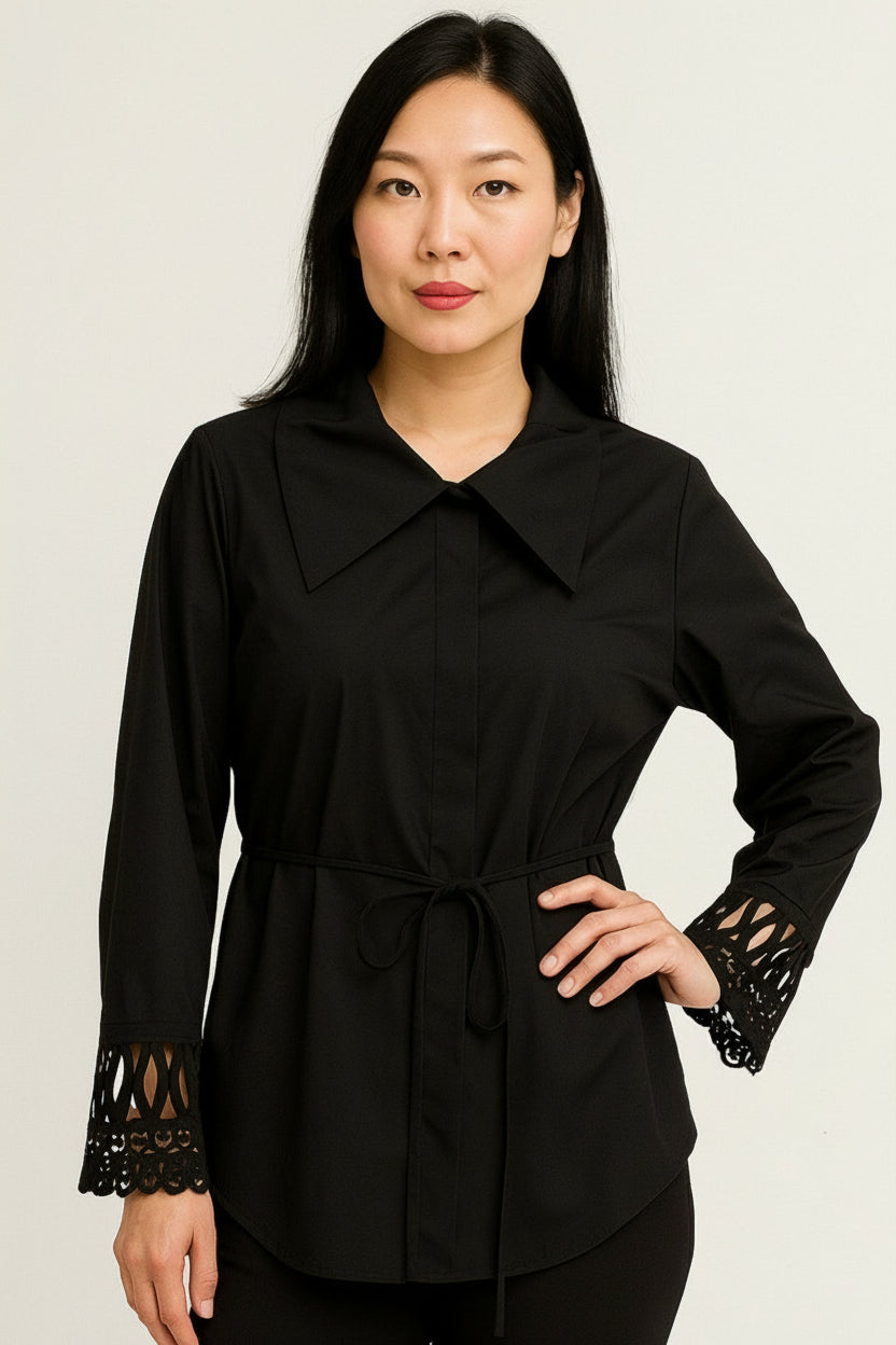 Black Long-Sleeve Lace Cuff Blouse