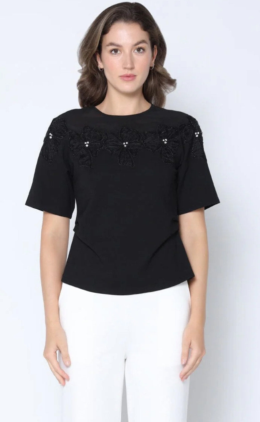 Black Floral Embellished Short-Sleeve Blouse