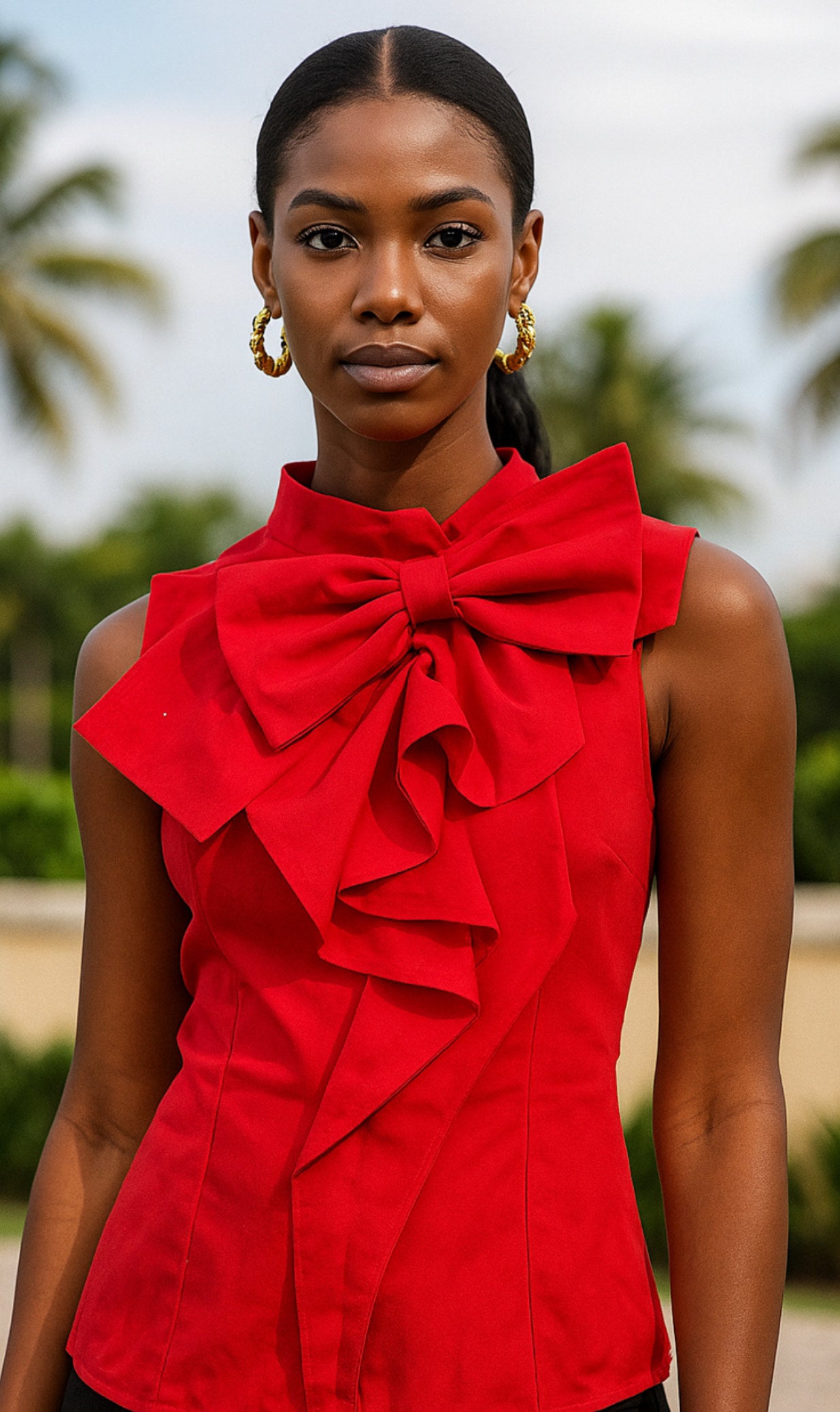 Glam Red high-Neck Blouse with Dramatic Bow Accent