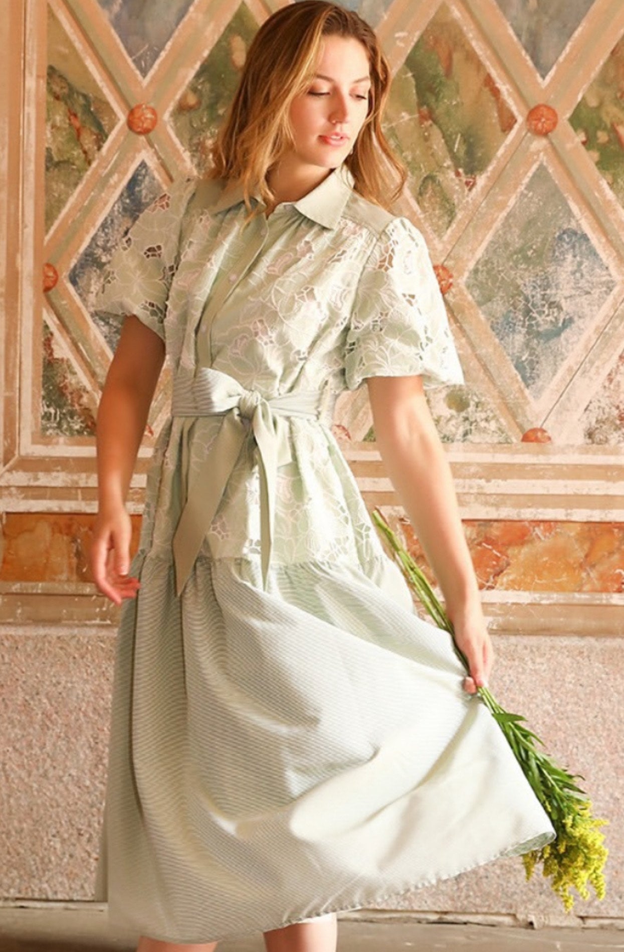 Soft Green Luxury Midi Dress-Lace Detail and Structured Fit