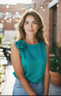 Teal Sleeveless Blouse with Statement Rosette Detail