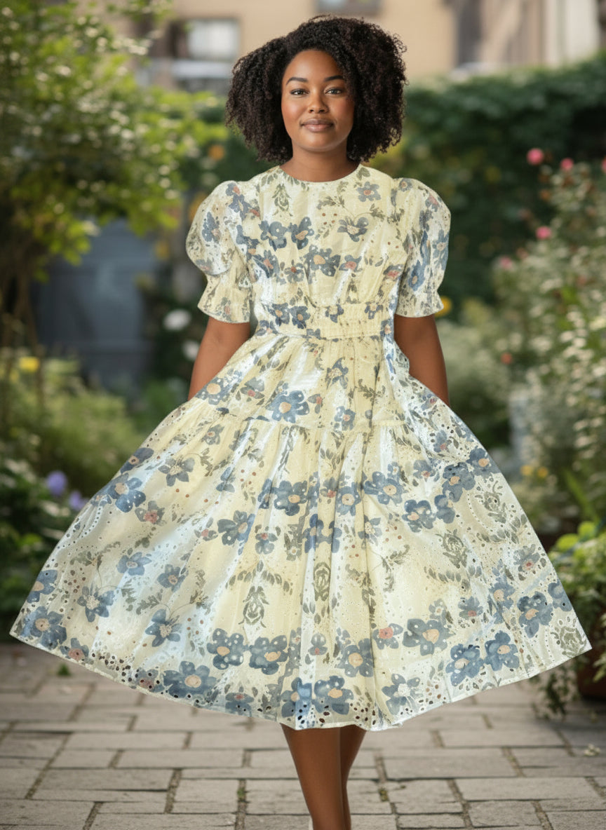 Vintage Floral Puff-Sleeve Midi Dress